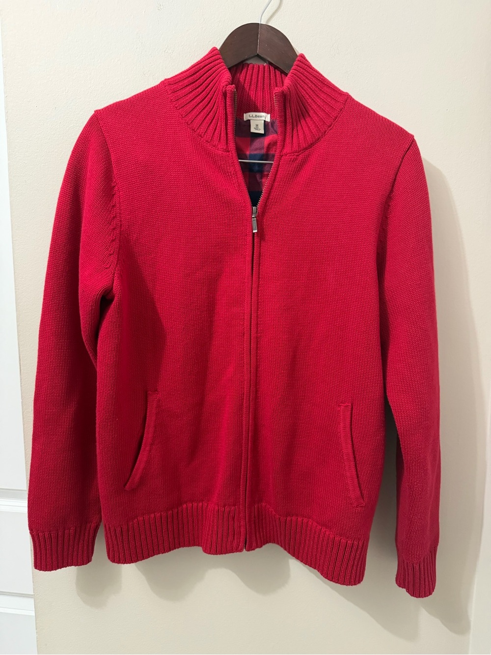 L.L.Bean Men’s Cotton Knit Sweater Cardigan Sz M Red Full Zip Flannel Lined Vtg